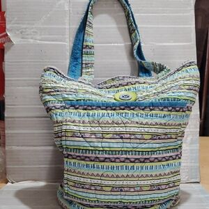 Quilted Stripe Tote Bag in Pastel Blue and Green